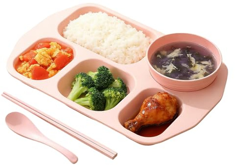 Platos Con Separadores - Bandeja con 5 Compartimentos para Desayuno y Comidas | Plato para Separar Alimentos,para Niños Adolescentes Adultos Estudiantes Comedor Escuela Guardería Restaurante Tiempo de