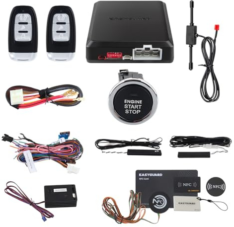 EASYGUARD rolling code car alarm system with passive keyless entry push start stop button touch password entry vibration alarm auto start starter ec002-lb-ns DC12V