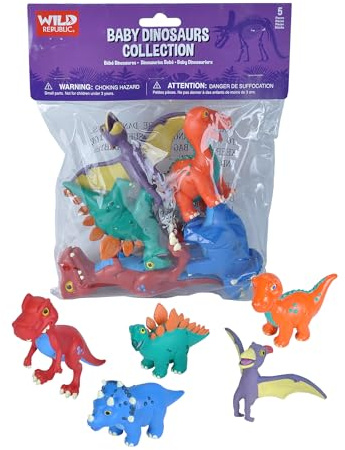 Wild Republic Baby Dino Polybag, T-Rex, Stegosaurus, Brachiosaurus, Triceratops, Pteranodon, Dinosaur Figures, Gifts for Kids, 5 Piece Set