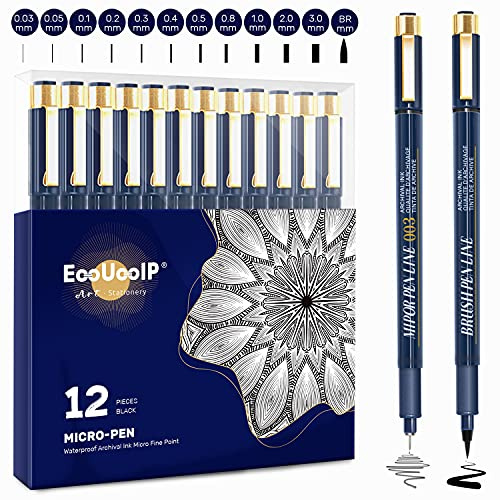 EooUooIP Fineliner Stifte Set, 12 Stück Premium Black Artist Micron Pens Set- Feine Filzstifte 0.03-0.3mm Ideal für Zeichnen und Schreiben von Skizzen, Journaling, Notizen, Malbuch Comics