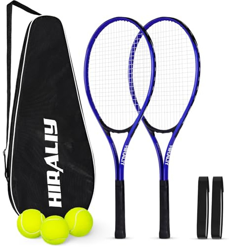 HIRALIY 27 Tennis Rackets Set of 2, 3 Tennis Balls, 2 Racquets, 2 Overgrip Tapes and 1 Carrying Bag Outdoor Recreational Sport Game (BLUE)