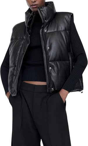 Yidarer Women’s Faux Leather Puffer Vest Zip-Up Stand Collar Quilted Sleeveless Jacket Casual Fall Winter Outerwear (Black-S)