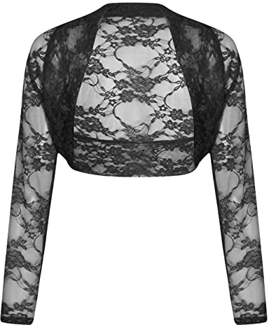FAIRY BOUTIQUE Womens Floral Lace Cropped Bolero Shrug Ladies Long Sleeve Open Front Crop Cardigan Top Black