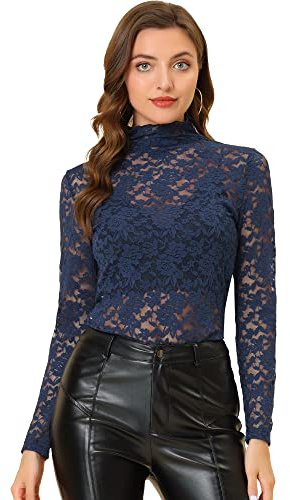 Allegra K Blusa de Encaje Floral Transparente con Cuello simulado de Manga Larga para Mujer Azul Marino S