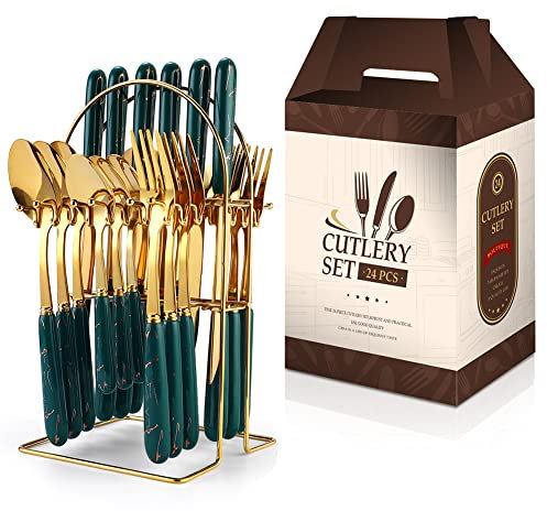 Cutlery Set, 24-Piece Home Safety Stainless Steel Silverware Set with Stand, Mirror Polishing Flatware Set Service for 6, Includes Knives, Forks, Spoons (Green-Gold)