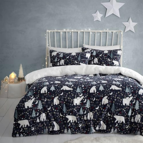 Fusion Christmas Polar Bear Duvet Cover Double Bed Starry Night Fleece Bedding (200x200cm) – Reversible – 2 Pillowcases – Navy Arctic Design – Festive Winter Bedding