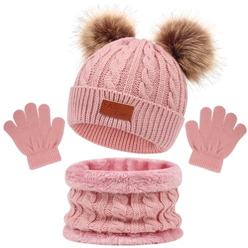 3 en 1 Bonnet Enfant Fille, 3 Pièces Ensemble Bonnet Echarpe, Enfant Bonnet Enfant Hiver Tricoté Tour de Cou Chaud, Enfant Gants Hiver Ensemble Pour Garcon Enfants 2 à 6 ans