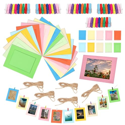 Rustark 50Pcs 5x7 Inch / 13.5x18.5cm 10 Colors Paper Picture Frames Kit with 50Pcs Colorful Wooden Clips and 5Pcs Strings, Cardboard Picture Frames Paper Photo Frames Hanging Display for Wall Decor