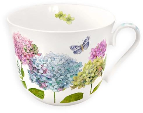 Grätz Kaffeetasse 450ml mit Henkel - Porzellan-Tasse Blumen Früchte Landhaus Design - Geschenkbox (Hortensien)