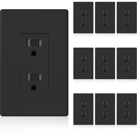 ELEGRP Matte Black Decorator Wall Receptacle Outlets, Tamper Resistant 15 Amp Standard Electrical Wall Outlet, Residential Grade, Self-grounding, 125V, Mid Size Wall Plate Included, UL Listed, 10 Pack