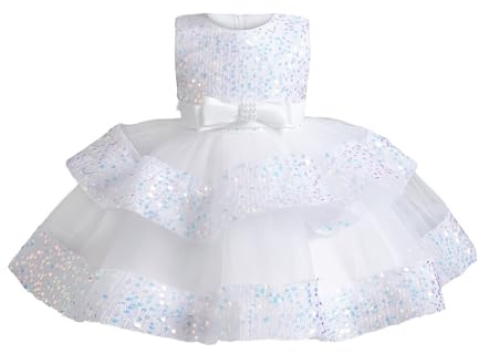 Miipat Baby Girl Dress Tulle Sequin Princess Birthday Dress Toddler Formal Party Wedding Pageant Gown Girls Dresses White 80 12-18 Months