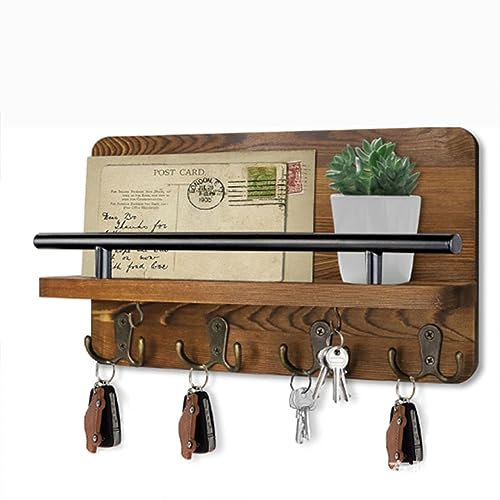 Felenny Key Holder for Wall, Wooden Key Hooks Wall Mount Mail Organizer Hanger Rustic Wooden Mail Rack Organizer with Hooks for Home Mudroom Office Entryway Hallway