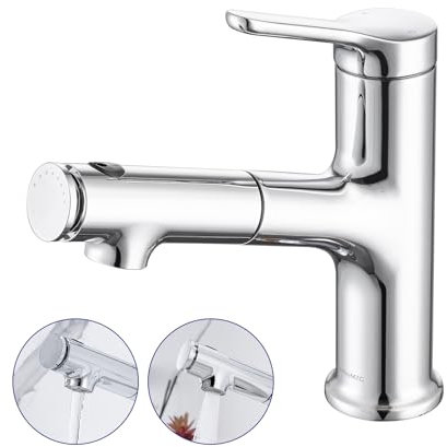 LakeBayMZC Robinet de lavabo avec extensible Robinet de salle de bain,Mitigeur monocommande pour lavabo à poser avec 3 types de jets d'eau douchette,Chrome