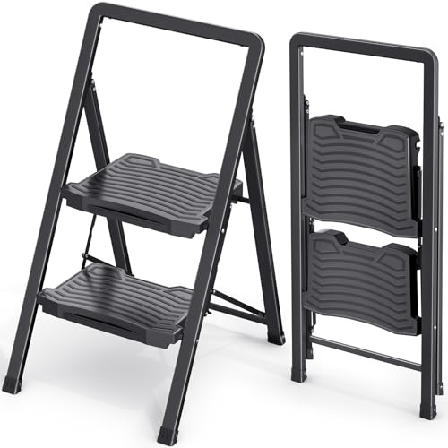 KINGRACK Escabeau à 2 marches Robuste et Portable pour la Maison, la Cuisine, marchepied Pliable en Acier avec pédales Larges antidérapantes, Main Courante, Design de Verrouillage sécurisé, Passe Les