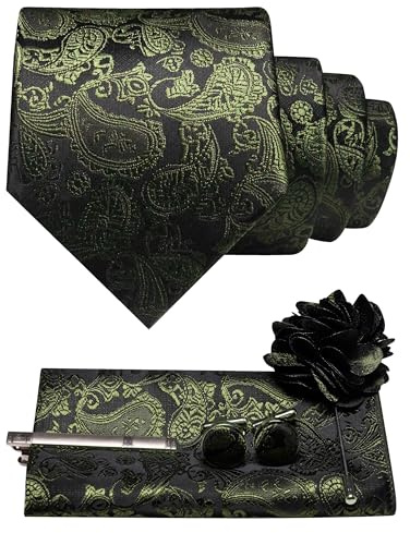 JEMYGINS - Cravatta da uomo con motivo paisley, set con fazzoletto da taschino, fermacravatta, spilla floreale e gemelli da polso, verde oliva, M