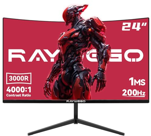 Raywego 24 Inch Curved Gaming Monitor, 200Hz FHD 1080P, 1ms Fast VA