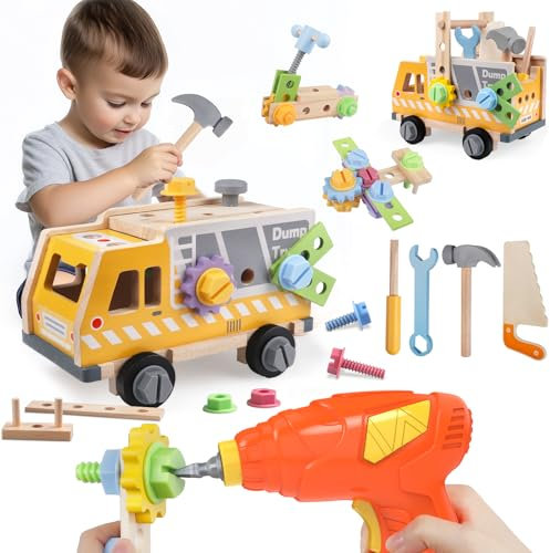 Aliex Kids Tool Set, Wooden Toys Truck with Electric Toy Drill for 3 4 5 Year Old Boys Girls, 39 PCS Montessori Role Play Tools Kit for Toddlers Gifts