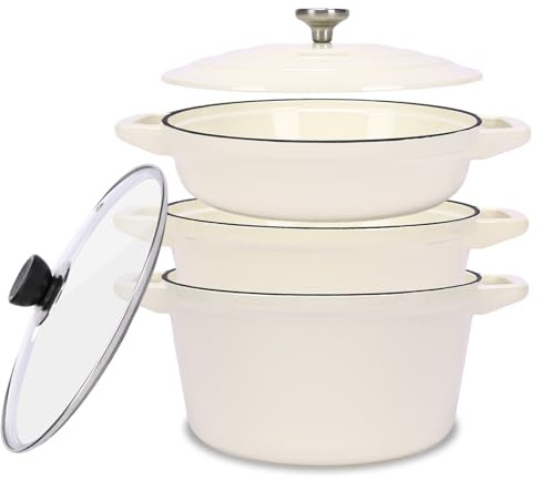 QuliMetal Enameled Cast Iron Set 5-Pc, 10 Stackable Space-Saving Cookware Set, Dutch Oven, Skillet, Grill Pan, with 2 Universal Lid, Versatile Enamel Dutch Oven, Included Spacers, White