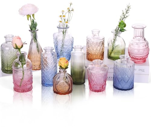 CUCUMI 12 Pack Colorful Glass Bud Vases, Small Colored Vintage Vases for Centerpieces, Decorative Flower Vases for Wedding Home Table Decor(Amber, Blue, Green, Pink)