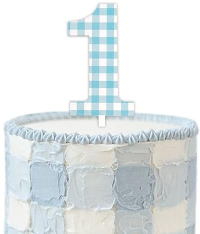 GIOGUK Blue First Birthday Wooden Cake Topper - Blue Theme 1st Birthday Party Cake Decoration Supplies, Checkered Sign Birthday/Baby Shower/Anniversary Party Cake Topper, Wood Material