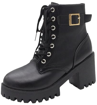 Bottines Femme Lacets Boucle Décorative Semelle Plateforme Chunky Bout Rond Style Gothique Bottes en Cuir Synthétique Style Britannique Boots Automne et hiver