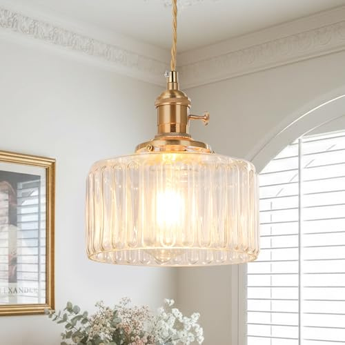 BTTO Glass Pendant Light, Vintage Brass Hanging Ceiling Lights, Clear Lampshades for Ceiling Lights, Adjustable Height Chandelier for Kitchen Island Bedroom Dining Room