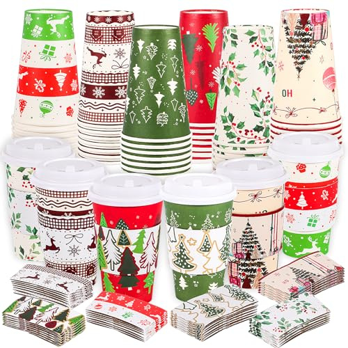 Atonofun 48 Pcs Merry Christmas Disposable Cups with Lids and Sleeves, To Go Coffee Cups 16 oz, 6 Designs Holiday Paper Cups for Hot Chocolate Coffee Cold Beverage Xmas Winter Holiday Party Supplies