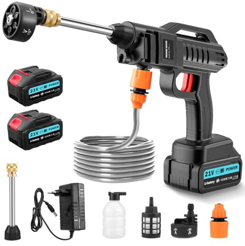 Dibaful Nettoyeur Haute Pression sans Fil 100 Bar 270 L/H | Pistolet Portable avec 2 Batteries de 3000 mAh | Pistolet de Lavage Mobile 6 en 1 Buse Réglable 5m pour Voiture Sol