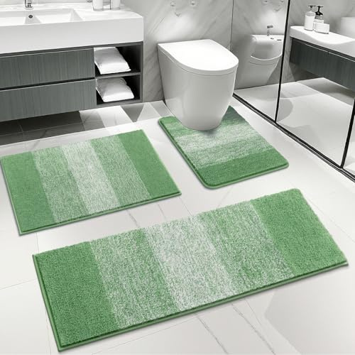 Enyhom Bathroom Mat Sets 3 Piece, Microfibre Shaggy Green Bath Mat Set, Super Absorbent Bath Rug with U-Shaped Toilet Rug, Non Slip Washable Pedestal Mats for Toilet Soft Thick Bathroom Carpet Set