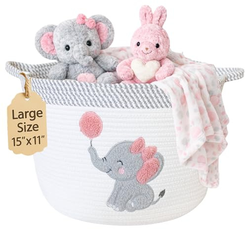 Elephant Baby Storage Basket for Girls, Cotton Rope Nursery Bin, 15x11 in
