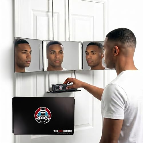 Miroir 3 Faces à LED + support plateau - Se couper les cheveux + barbe seul