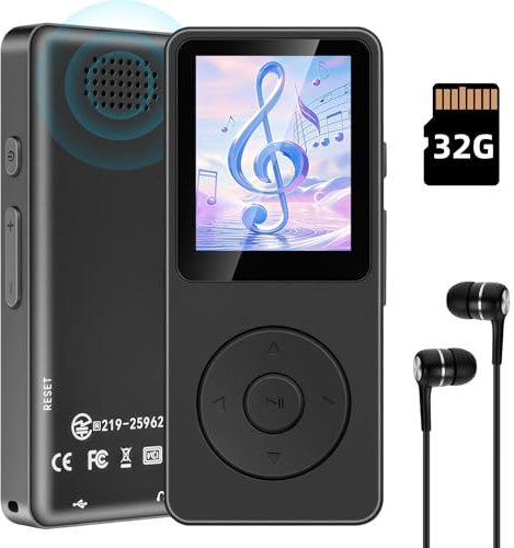 Reproductor MP3 de 32GB - 1.8 Pantalla MP3 Player con Auriculares Reproductor Deportivo Portátil, Reproductor de Música Sonido sin Pérdidas, Altavoz, Radio FM, Vídeo, Externo hasta 128GB