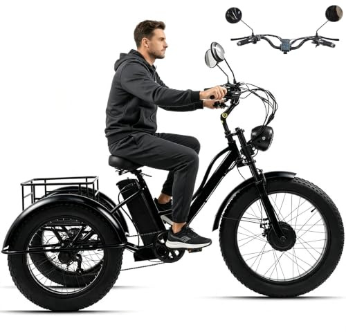 Tricycle électrique 7 Vitesses Pour Adultes, Pneus Larges 24'' X 4.0, Batterie 48 V 18 Ah, Grand Panier De Rangement, écran Lcd, Idéal Pour Les Trajets Quotidiens,Le Shopping Et Les Loisirs Black