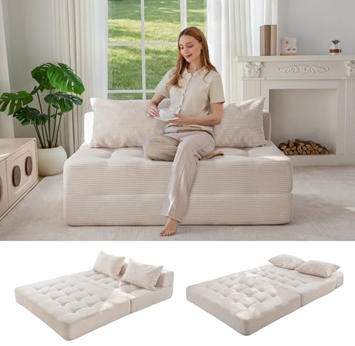MAXYOYO Canapé Modulaire Sectionnel, Canapé Lit Convertible avec Couche Pliante et Coussin, Sofa de Sol Capitonné en Tissu Cordonné sans Structure pour Salon, Chambre, Chambre d’Ami, sans Montage