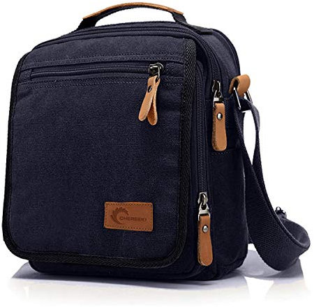 CHEREEKI Canvas Bag, Shoulder Bag Messenger Bag with Multiple Pockets (Hold 10 inch Tablet, Kindle)