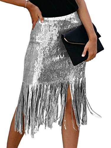 xxxiticat Women's Elegant Slim Fit Patchwork Solid Skirt Office Ladies High Waisted Tassel Sequin Midi Skirts(SI,M) Silver