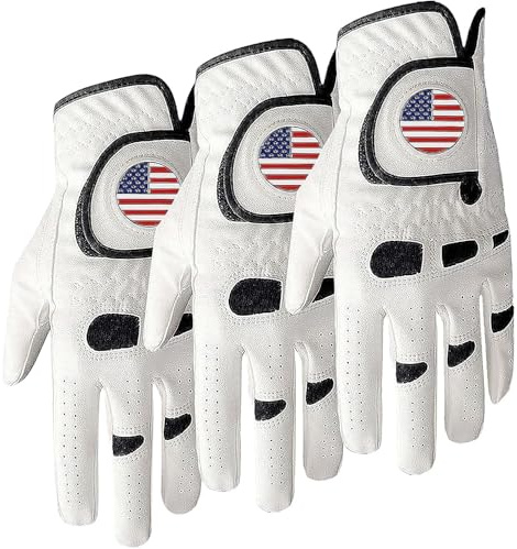 Amy Sport Golf Gloves Men Right Hand with Ball Marker 3 Pack for Left Handed Golfer Premium Leather Weathersof Grip Soft Mens Glove (3 Pack M/Large-Worn on Right Hand)