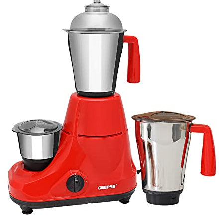 GEEPAS 750W 3-in-1 Mixer Grinder | Stainless Steel Jars & Blades | 3 Speed Control, Perfect for Chutney, Dry & Wet Fine Grinding Mixing | Overload Protection | Powerful Motor | 2 Year Warranty, Red