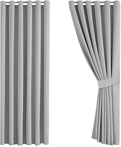 Aspire Homeware Blackout Curtains for Living Room - Light Grey Eyelet Curtains Bedroom Super Soft Window Treatments Ring Top Curtain with Tiebacks 66 x 72 Inch, 2 Panel
