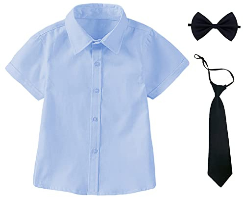 aromm Camisa Niño Uniforme Escolar Formal Manga Corta Botón Down Oxford Shirt con Corbata y Pajarita