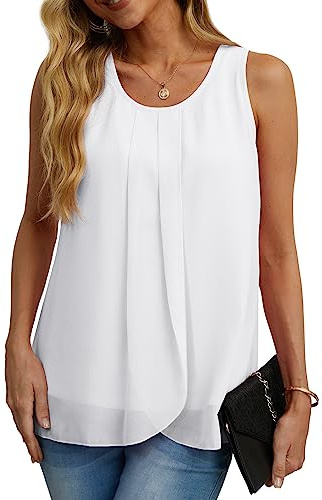 IWOLLENCE Sleeveless Tops for Women Chiffon Double Layers Blouse Loose Round Neck Chiffon Blouses White Tank Tops Large