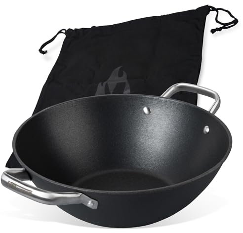FMProfessional Force Wok de hierro fundido de 32 cm – Sartén wok con revestimiento antiadherente de alta calidad – Apto para todo tipo de fuegos (también inducción) – 33 x 42,8 x 12 cm aprox
