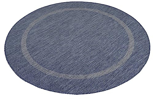 Teppium Outdoor Teppich Wetterfest 200 cm Rund Blau Sisal Optik - Küchenteppich Waschbar rutschfest, Wasserfest, Bordüre, Pflegeleicht - Ideal für Balkon, Terassen, Garten, Camping oder Küche