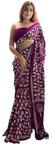 SIRIL Sari de algodón estampado para mujer con blusa sin costuras, Morado, talla única