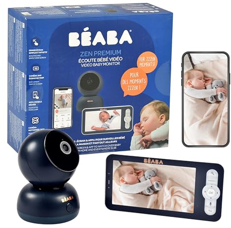 BÉABA Babyphone, Vigilabebés con Vídeo 2 en 1, Pantalla Dedicada/Aplicación Móvil, Cámara HD, Rotación 360°, Visión nocturna, Walkie-talkie, Nanas, Control de Temperatura y Humedad, Zen Premium Azul