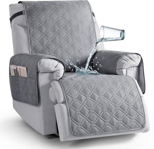 TAOCOCO Waterproof Recliner Chair Cover, Non Slip Armchair Covers for Recliner Chair with Pocket, Washable Recliners Sofa Cover Furniture Protector for Kids, Pets(1 Seater Max (25), Light Grey)