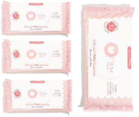 MUSC INTIME La Marque Officielle - Lot de 3+1 offert - Lingettes Intimes - Sweet Litchi - La Délicieuse - Douceur& Fraicheur - 98% Ingrédients Naturels - 4 x 30 unités