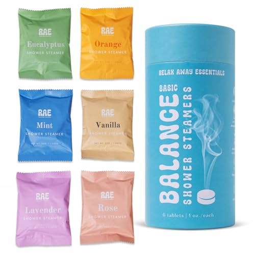 Relax Away Balance Shower Steamers 6 Pack - Aromatherapy Tablets - Essential Oils - Orange, Vanilla, Rose, Eucalyptus, Lavender, Mint - Spa-Like Shower Experience - Easy-Open Packaging