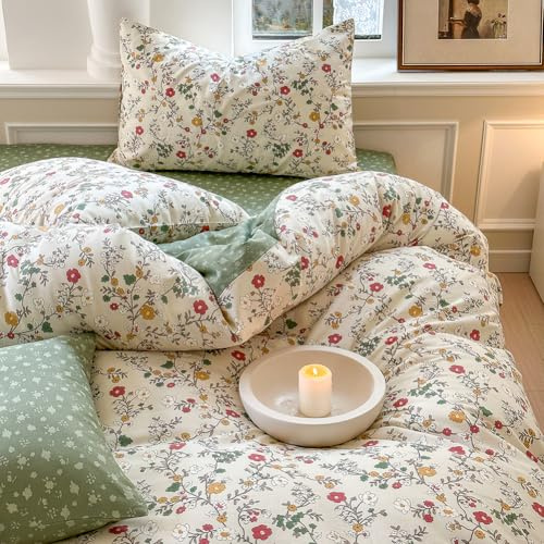 Covebett Housse de Couette 240x260 Coton Fleurie Vert Beige Imprimée Motif Fleurs Feuilles Parure de lit Botanique Ado Linge de Lit Réversible Adulte et 2 Taie Oreiller 65x65 avec Fermeture Éclair