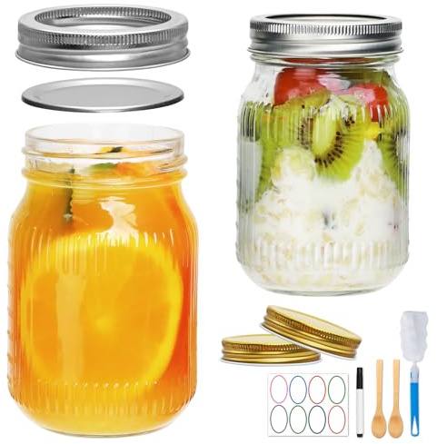 Datttcc 16oz Mason Jars with Lids,Canning Jars, Glass Jars,DIY Crafts for Food Storage,Overnight Oats, Pantry Organization, with Sponge Brush, Labels & Marker,2 Pack